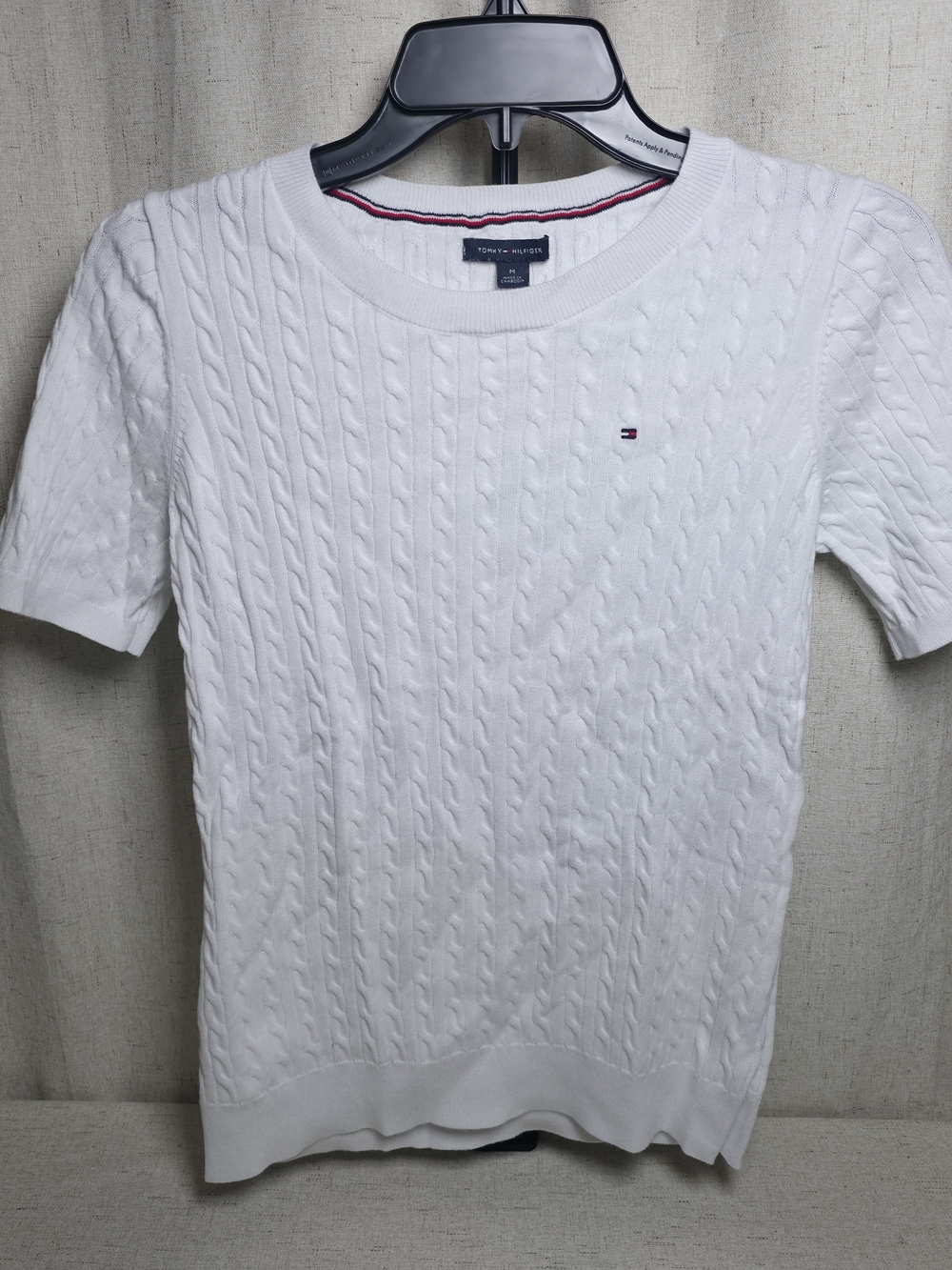 Tommy Hilfiger White Cable-Knit Short Sleeve Tee with Flag Logo